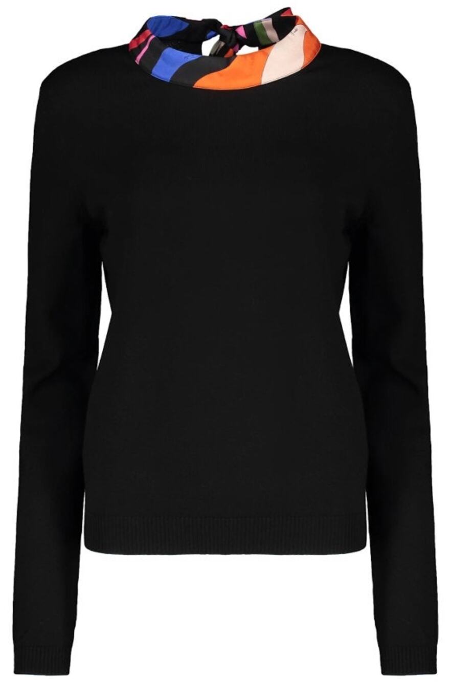 NWT Emilio Pucci Marmo Silk Collar Wool Jumper Sweater Black Tie Back Size Small